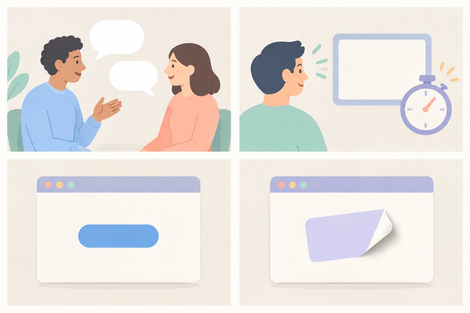 린브랜딩 실전, 작은 팀이 브랜드 메시지를 적은 돈으로 시험하는 4가지 방법 3 대화하는 두 사람, 화면을 잠깐 보는 사람과 스톱워치, 버튼 하나뿐인 웹페이지, 이름표를 뗀 웹페이지로 네 가지 브랜드 메시지 시험 방법을 나란히 표현한 그림